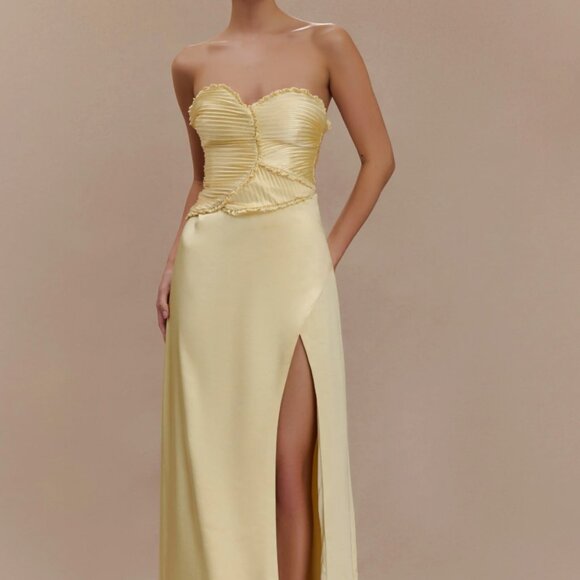 Meshki Satin Maxi Dress With Ruched Petals - Lemon - SIZE S - Picture 1 of 8